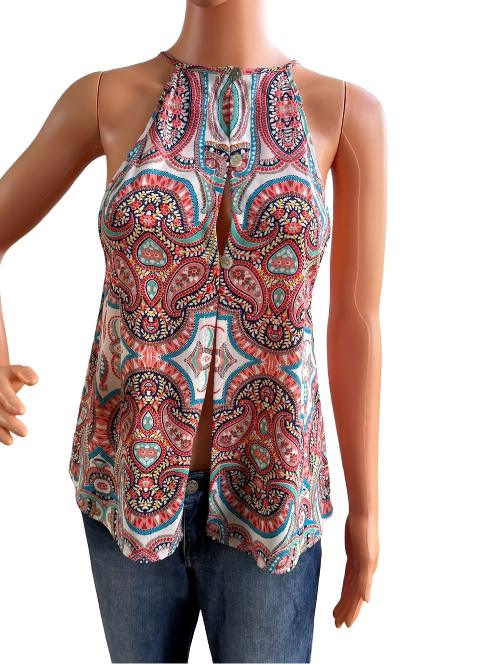 Show Me Your MuMu Paisley Split-Front Halter Tank - Coral, Teal, Cream